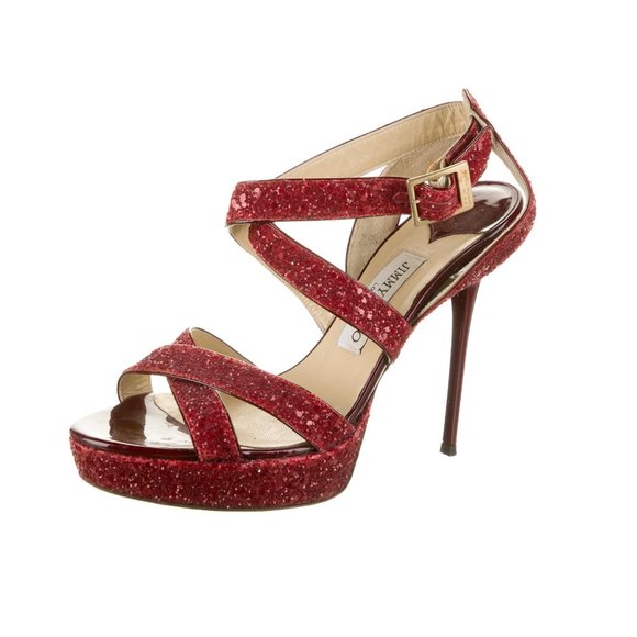 ๐ JIMMY CHOO Strappy Red Glitter Sandals Heels - Picture 4 of 6